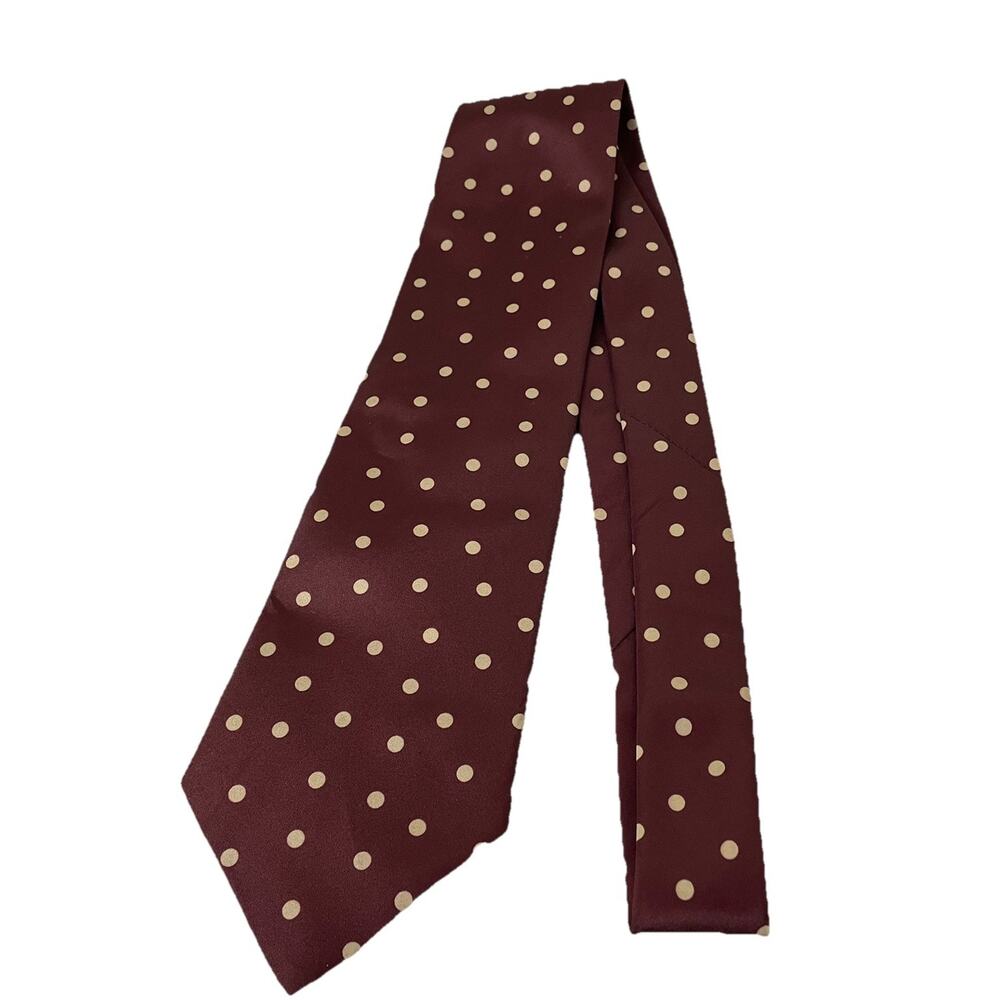 VTG MCM 60s 70s Manhattan Burgundy Beige Polka Dot Neck Tie Mad Men Rockabilly